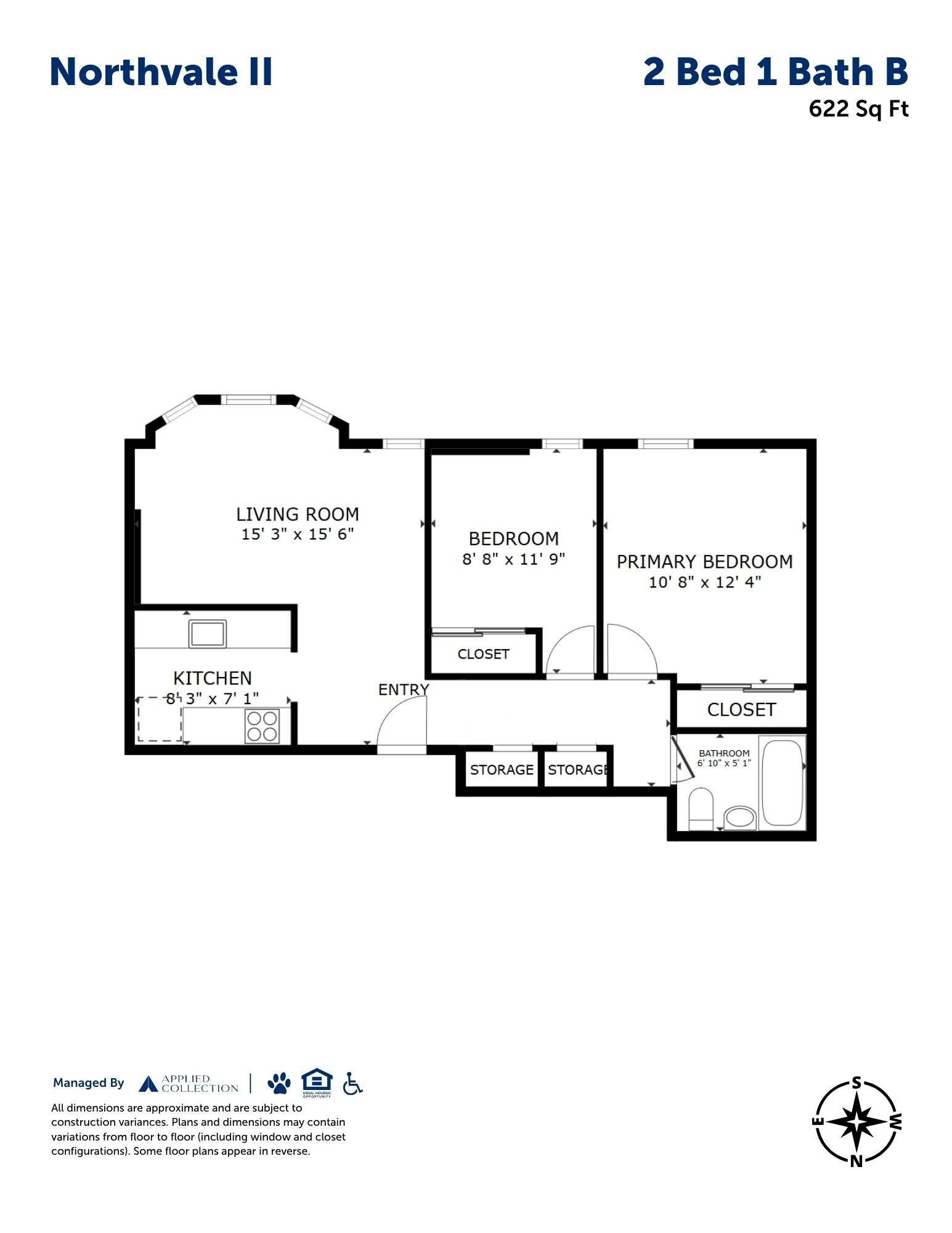 Floor plan for 2 beds, 1 bath, 622 sqft